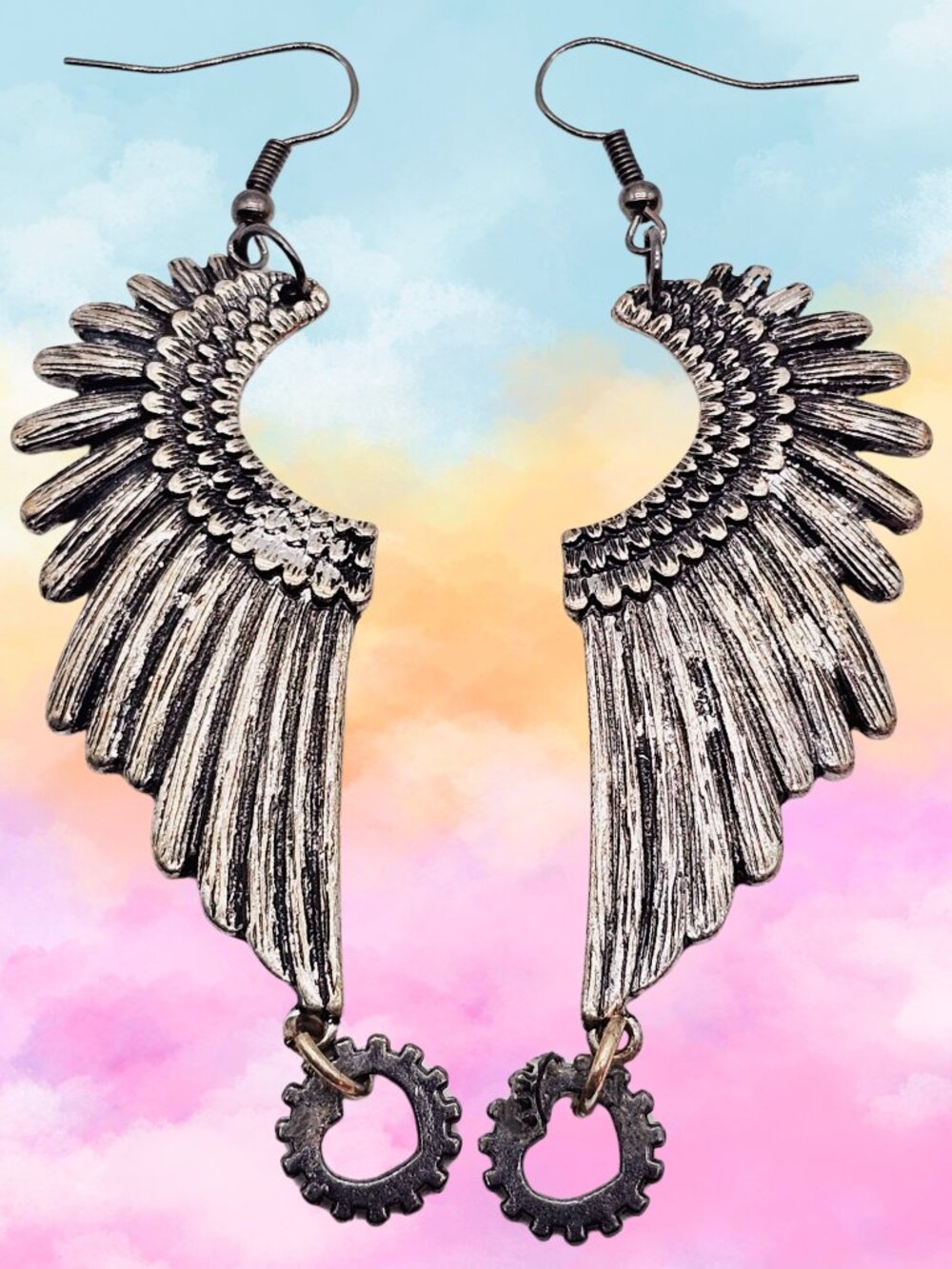 Steampunk Angel Wing Dangle Earrings Silver Tone Gothic Gear Boho Cosplay